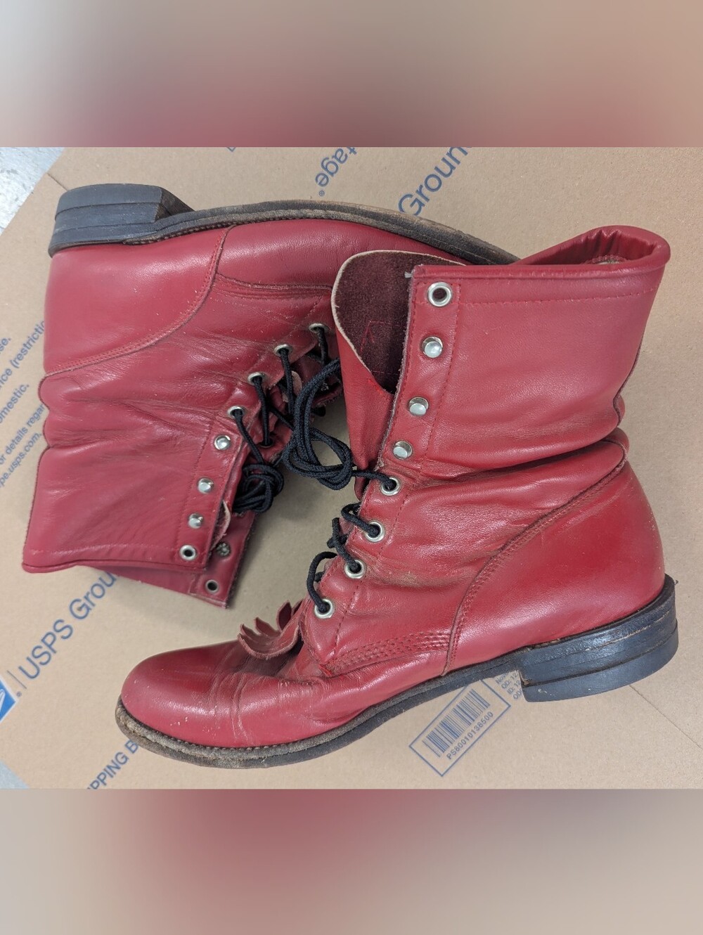 90s Vintage Justin Boots Red Leather Lace-Up Roper Ankle Boots Western Women's 8